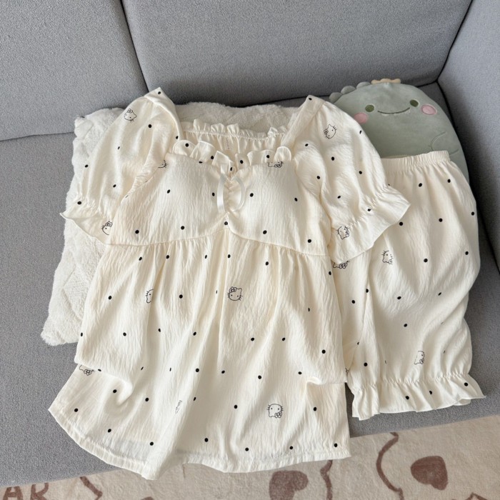 Bộ đồ ngủ mèo KT cotton mềm mại mùa hè chấm bi dành cho nữ có miếng đệm ngực, tay ngắn, phần mỏng,