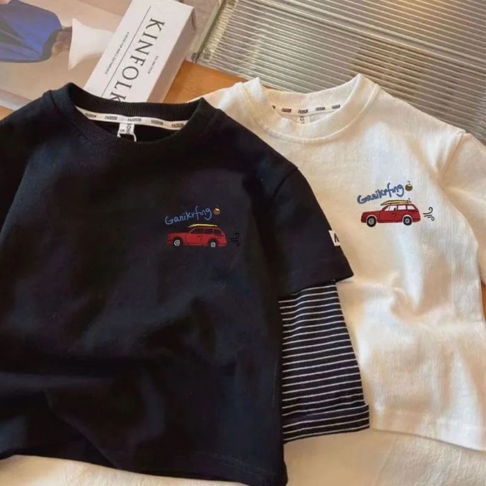 Áo thun hai mảnh giả dài tay cotton nguyên chất dành cho bé trai và trẻ em mới đáy hoạt hình