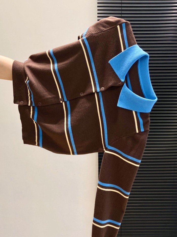 Áo len dệt kim dài tay có cổ POLO sọc tương phản cổ điển dành cho nữ trong mùa thu đông áo le