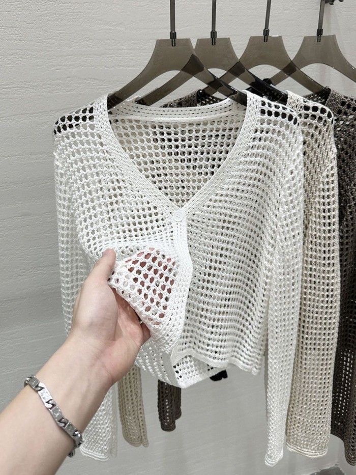 Áo len lưới rỗng áo cardigan dệt kim mỏng cho nữ mùa hè phong cách mới xếp lớp với váy treo c