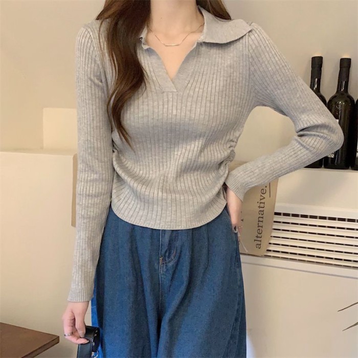 dây rút dệt kim dáng ôm nữ niche mùa thu Pháp sọc cổ POLO dài tay đáy áo sơ mi