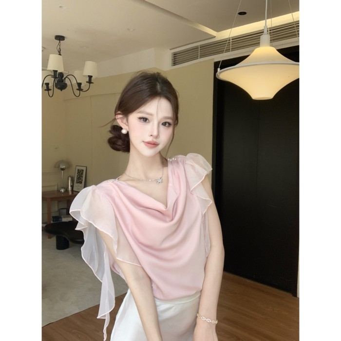 Áo sơ mi cổ xòe xòe ruy băng phong cách mùa hè Áo tay bay kiểu Pháp dành cho nữ