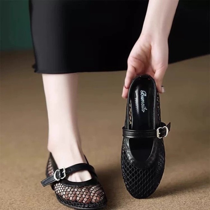 Giày Nữ Lưới Giày Đơn Nữ Xuân Hè Đế Bằng Dây Đeo Dây Bò Giày