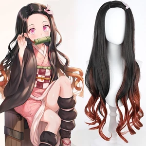 Anime Demon Slayer Blade Nezuko Kamado COS Tóc Giả Phần Giữa Màu Đen Chuyển Màu Nâu Vàng Dài Xoăn Tóc Full Mũ Đội Đầu