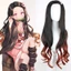 Anime Demon Slayer Blade Nezuko Kamado COS Tóc Giả Phần Giữa Màu Đen Chuyển Màu Nâu Vàng Dài Xoăn Tóc Full Mũ Đội Đầu
