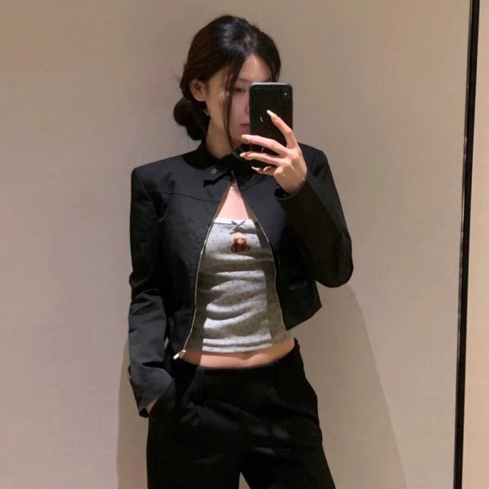 Mỹ Retro Ngọt Ngào Và Mát Mẻ Hot Girl Phong Cách Đen Cổ Đứng Áo Khoác Ngắn Giảm Béo Nữ Kẹp tr
