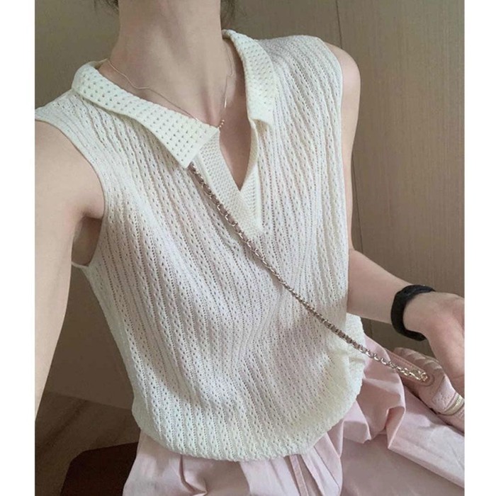 hoa hồng màu hồng cổ polo băng lụa áo vest nữ mùa hè dáng rộng ngắn dệt kim áo thun không tay có