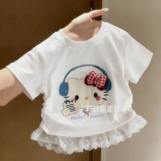 Phiên bản Hàn Quốc bé gái hoạt hình mùa hè mèo kt nơ ba chiều cotton nguyên chất áo thun ngắn tay x