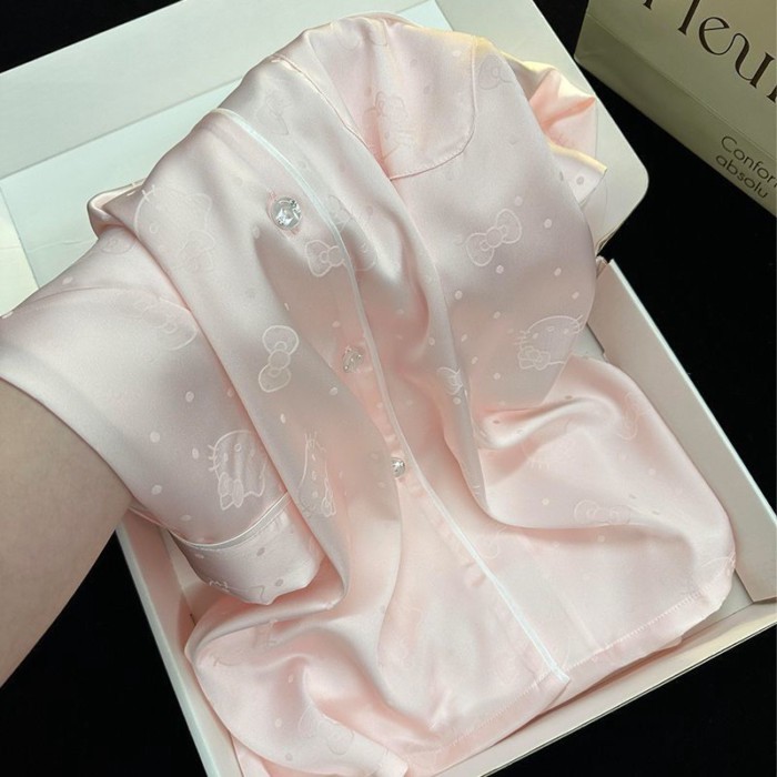 Ice Silk Bộ Đồ Ngủ Mát Mẻ của Phụ Nữ Mùa Hè Ngắn Tay Quần Short Mỏng Sweet Kitten Loose Home Quần Á