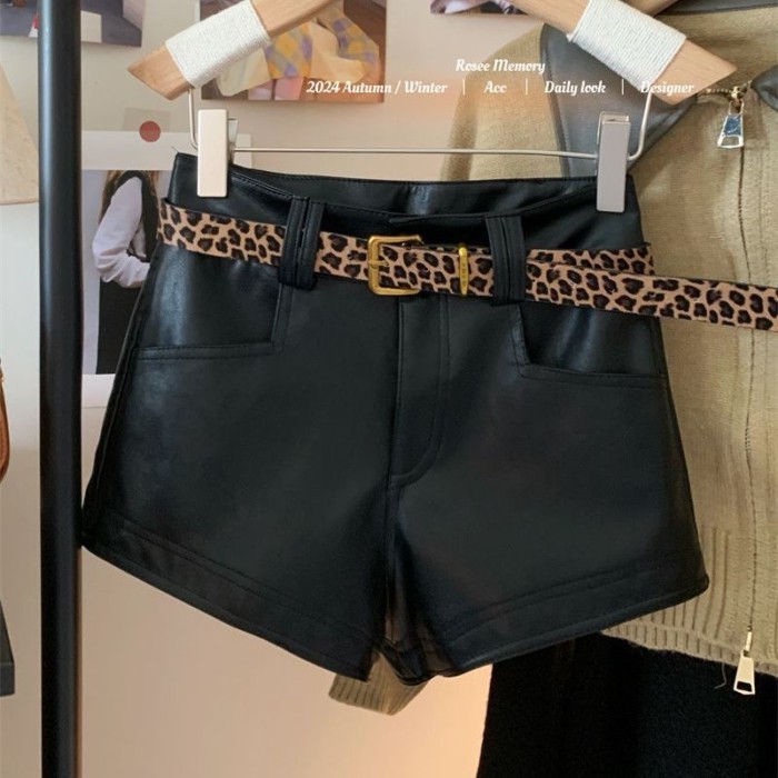 Mỹ Retro Da Báo Cổ Quần Short Da PU Nữ Xuân Thu Đi Lại Hông Chữ A Quần Hot