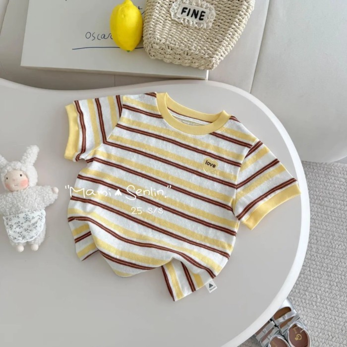 Áo thun ngắn tay bé gái mới, cotton Hàn Quốc thêu sọc, áo trẻ em sọc màu