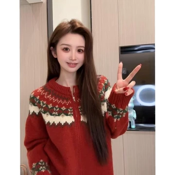 Fair Isle màu đỏ jacquard cổ tròn dây kéo áo len áo len áo len áo len áo len màu tương phản