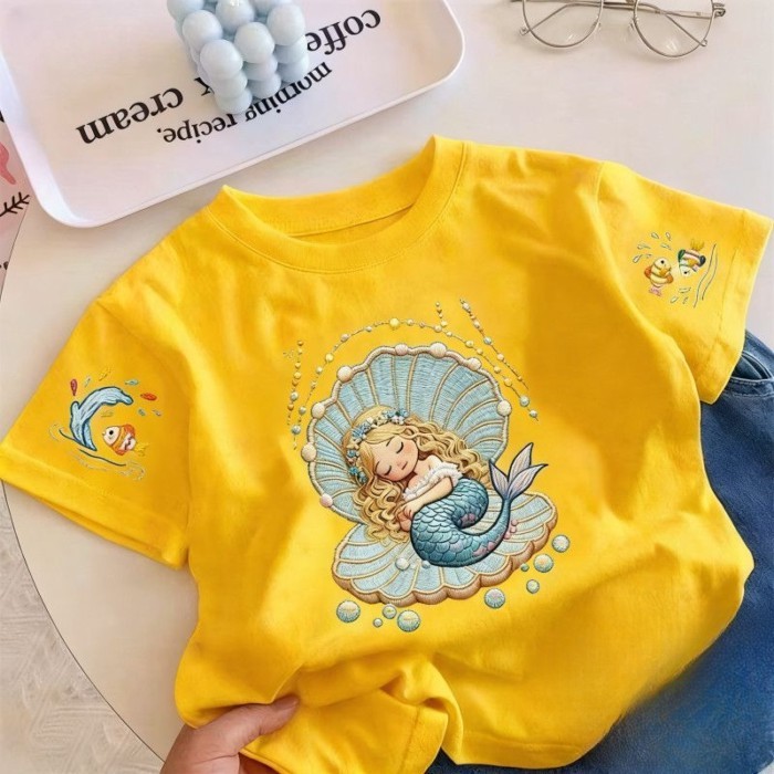 Summer Cartoon Creative Mermaid Imitation Embroidery Printed Short-Sleeved Girls Cute All-Matc