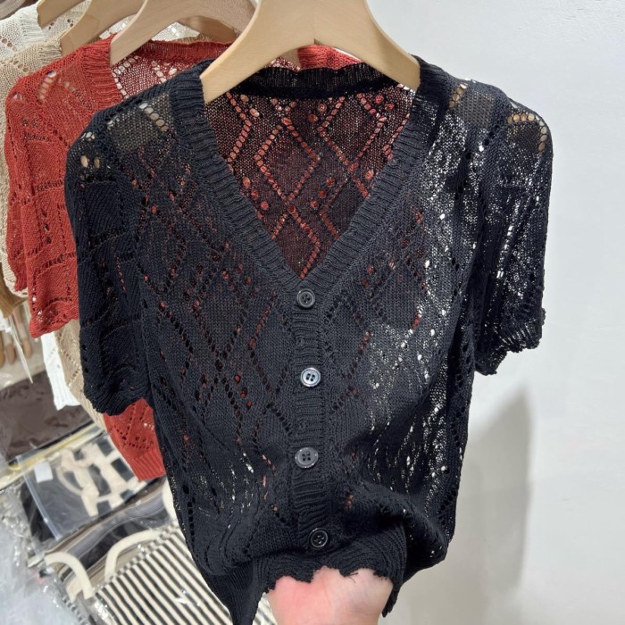Áo thun cardigan mỏng tay ngắn cổ chữ V dành cho nữ, áo len khoét rỗng dáng rộng, thời trang,