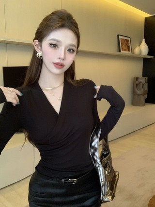 Thời Trang Đơn Giản Màu Trơn Cổ Chữ V Dài Tay Nữ Tính Slim Slim Xếp Ly Đáy Top Mùa Xuân Thu Đông