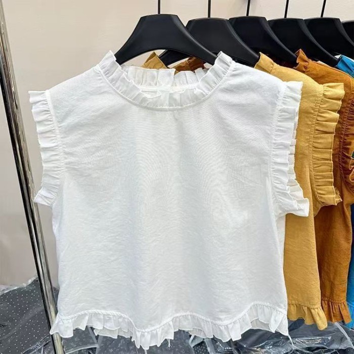 Áo sơ mi không tay phối ren cổ tròn đa năng mùa hè mới phong cách Hàn Quốc dành cho nữ Áo dáng r