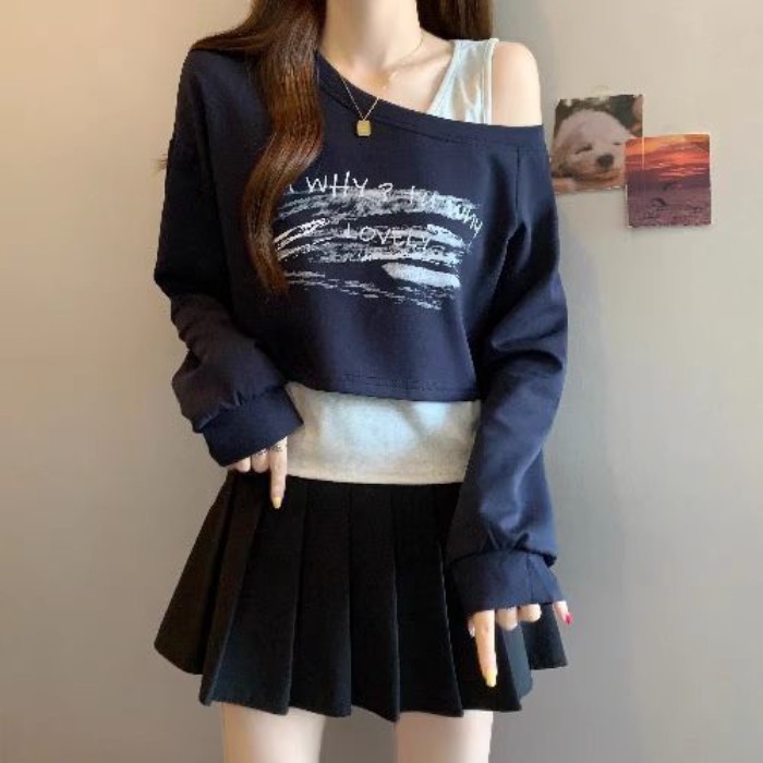 Kích thước lớn áo thun trễ vai xiên thiết kế dài tay cho nữ mùa thu đông kiểu dáng mới áo ves