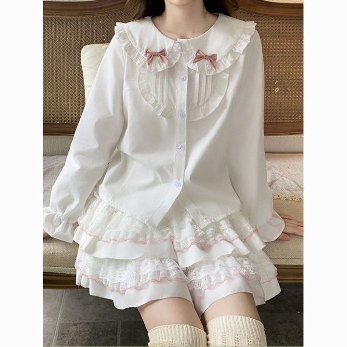lolita bên trong mặc lolita tay phồng dài tay áo bên ngoài mặc dễ thương mềm mại cô gái top b