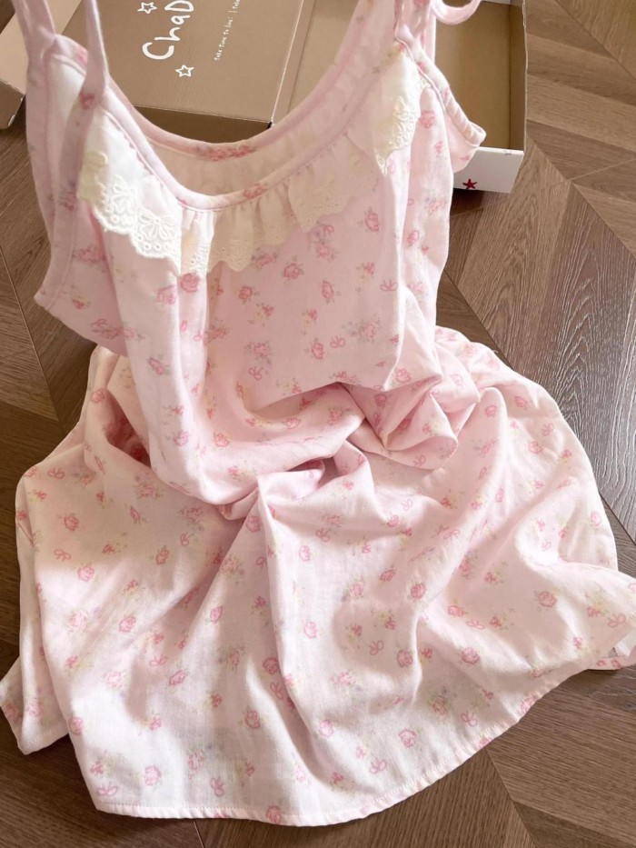 Bộ đồ ngủ váy treo hoa màu hồng ngọt ngào và tươi mát dành cho nữ mùa hè mới váy ngủ mềm mại
