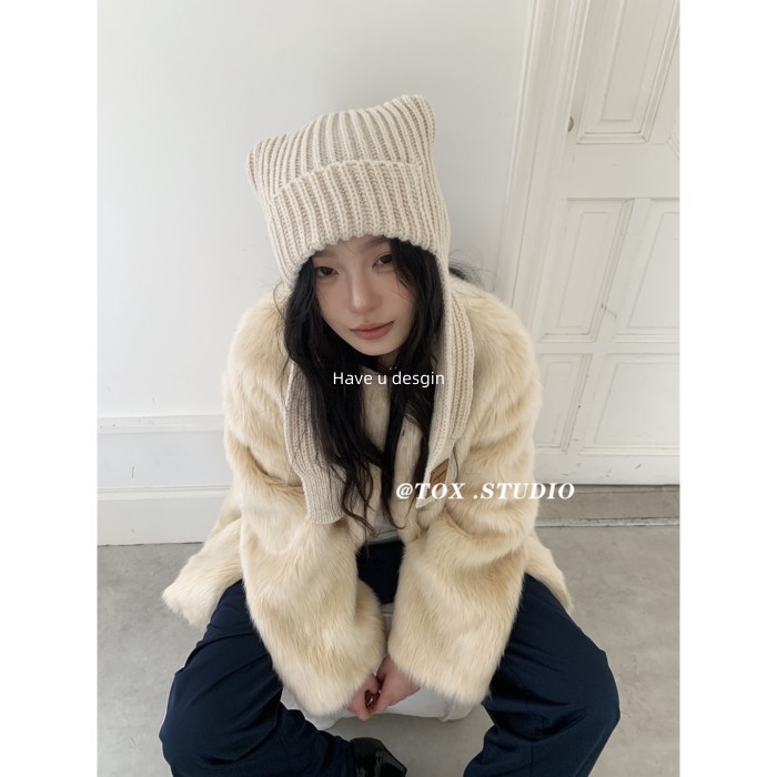Have u desgin Đơn Giản Màu Trơn Len Dày Dệt Kim Mèo Con Dây Tai Bảo Vệ Tai Mũ Playful Tất Cả Trận Đấu Mũ