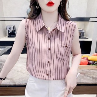 Áo sơ mi voan sọc dành cho nữ thời trang mùa hè mới thích hợp Áo cổ polo không tay kiểu Pháp dàn