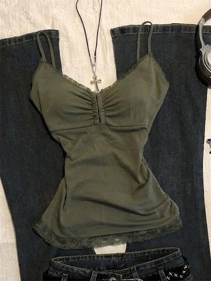 Korean Version Of Green Lace V-neck Camisole For Women Summer New Hot Girl Slimming Sexy Top