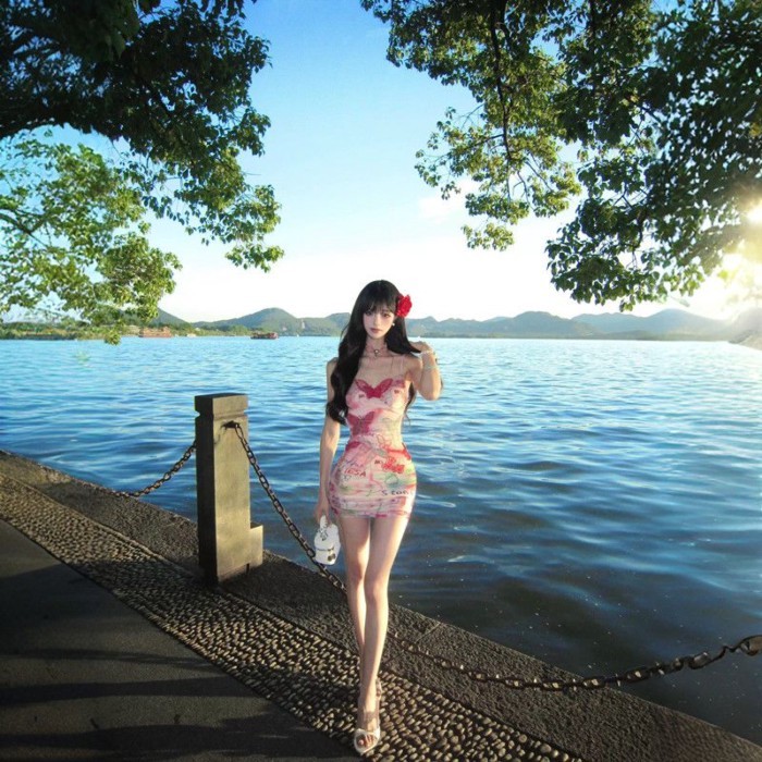 Little Girl Pink Printed Suspender Dress Seaside Vacation Waist Slimming Sexy Hip-hugging Sho