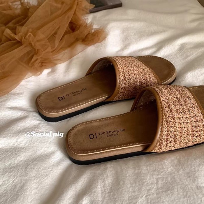 Xiaoxiangfeng Casual Woven Flat Sandals For Women Summer Outerwear Beach Vacation Flip-flops