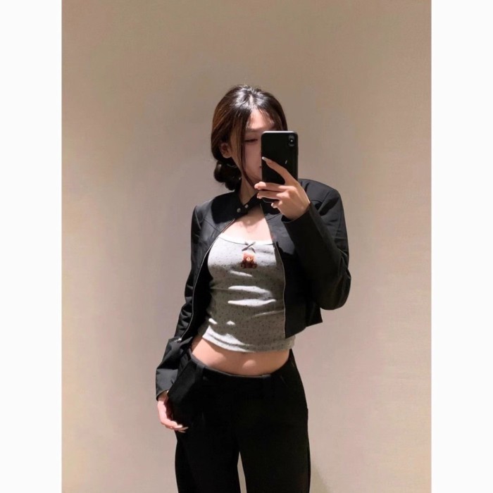 Mỹ Retro Ngọt Ngào Và Mát Mẻ Hot Girl Phong Cách Đen Cổ Đứng Áo Khoác Ngắn Giảm Béo Nữ Kẹp tr