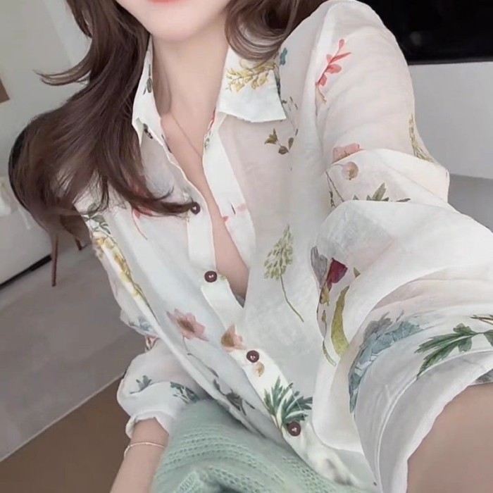 Áo sơ mi hoa độc đáo đẹp mắt áo sơ mi mỏng dài tay mùa hè nữ giảm béo khí chất
