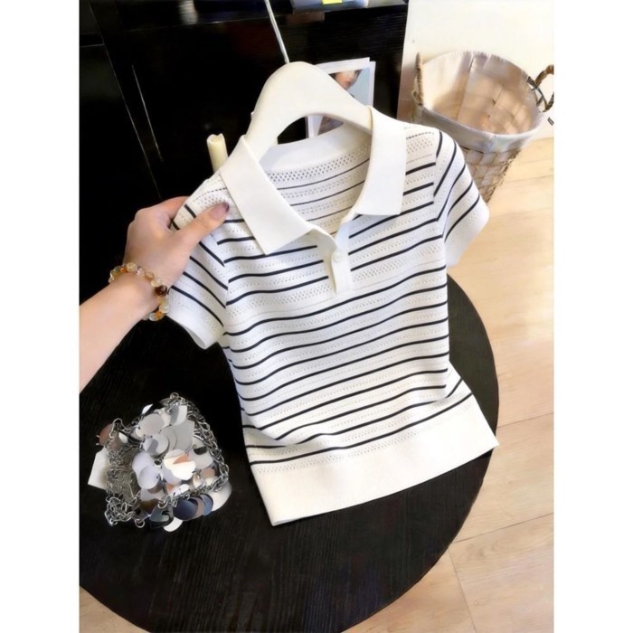 Áo len ngắn tay cổ POLO sọc sọc thời trang dành cho nữ mùa hè dáng ôm vừa vặn