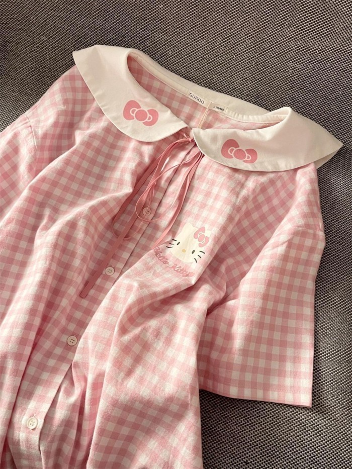 Bộ đồ ngủ mèo KT dễ thương và ngọt ngào, váy ngủ ngắn tay cổ búp bê kiểu mới mùa hè dành cho nữ, vá