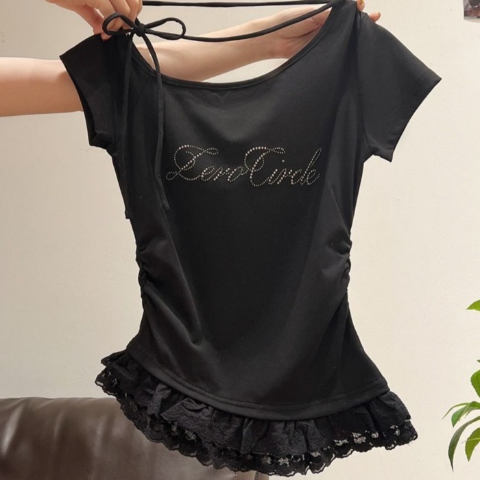 chiếc áo thun ren ngắn tay in chữ cỡ vừa và lớn cho trẻ em mùa hè giảm béo kiểu mới ruy băng kiể