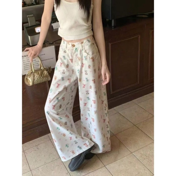 Retro Dạo Phố Cao Cấp Nhật Bản Gấu Hoạt Hình In Quần Jean Nữ Mùa Hè Cao Cấp Rời Giảm Béo Quần Ống R