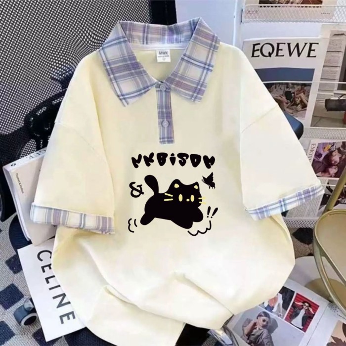 Áo sơ mi Polo ngắn tay dành cho trẻ em tuổi trung niên trở lên mùa hè mới Áo thun in hình mèo ho