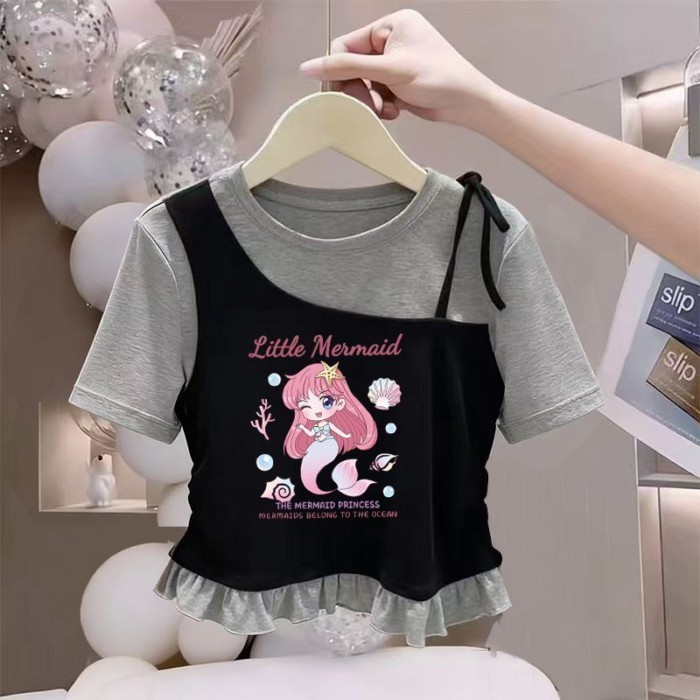 bé gái mới cổ tròn phong cách Hàn Quốc giả hai mảnh ngắn tay áo sơ mi đáy vừa và lớn mới cho trẻ