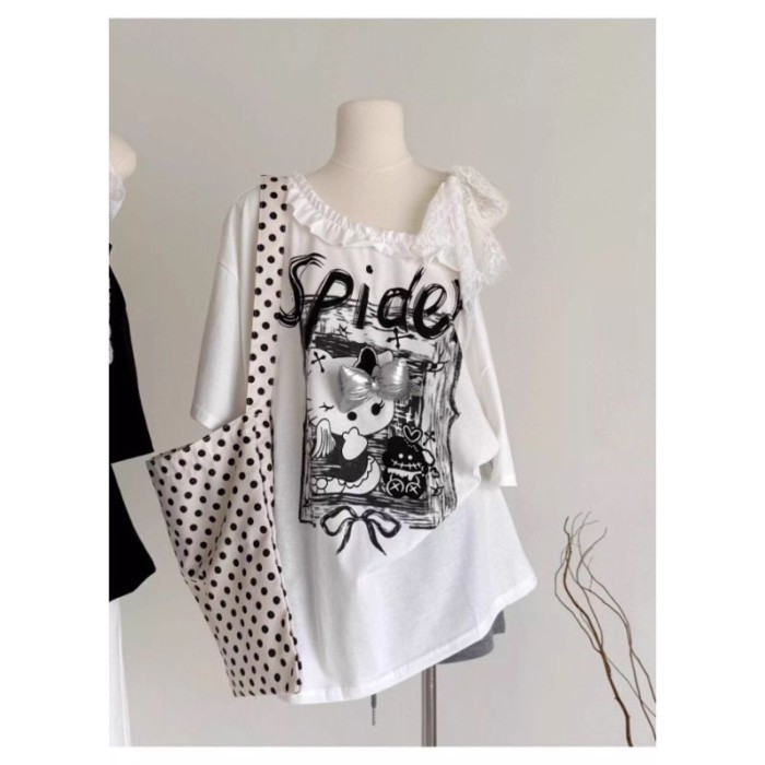 American Sweet And Cool Black Lace Straps Slanted Shoulder Short-sleeved Women's Summer Loose