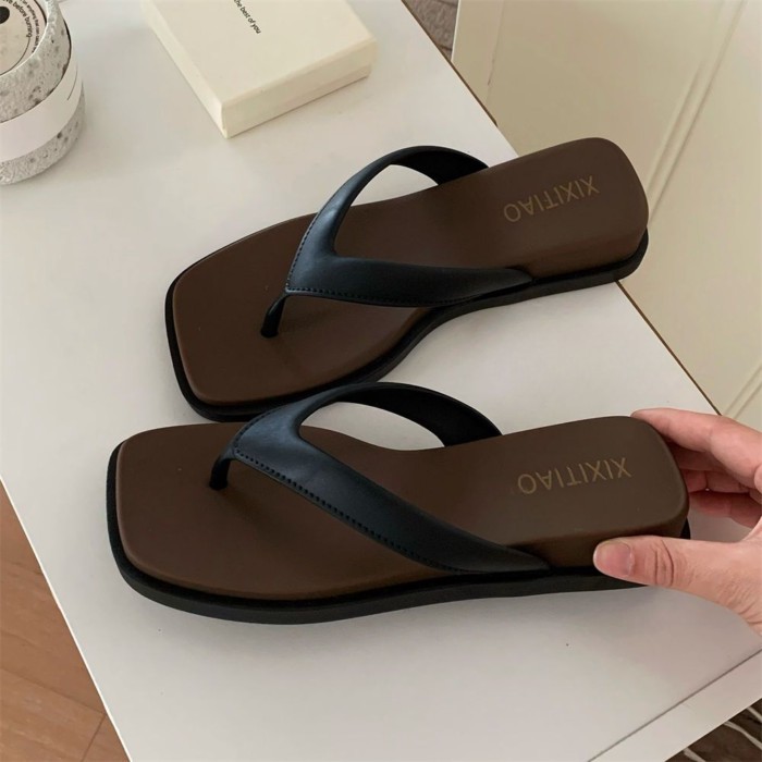 Outdoor Leisure Flip-flops For Women Summer Thick-soled Wedge Heels Retro Color Matching Seas