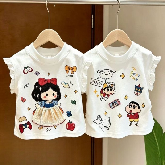 Pure Cotton Cartoon Flying Sleeve Children's T-shirt Baby Girl Short-sleeved T-shirt Girl Cute
