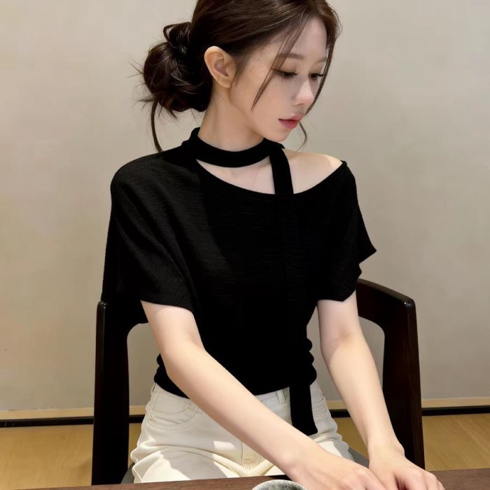 Áo thun ngắn tay dây đeo vai xiên nữ xuân hè phong cách mới eo lệch vai áo crop top