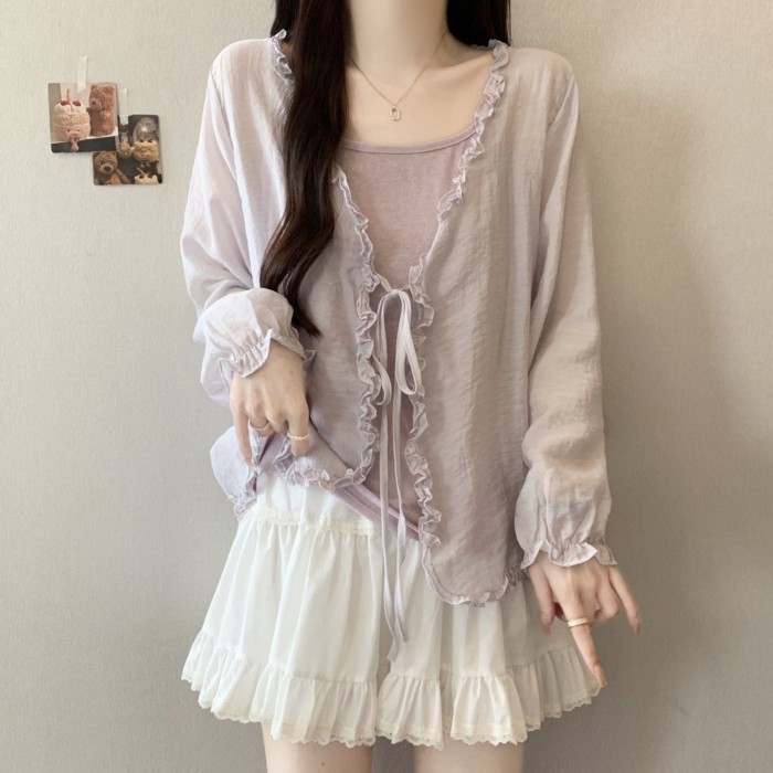 Áo cardigan dài tay chống nắng mỏng viền nấmdành cho nữ kèm khăn choàng áo mỏng