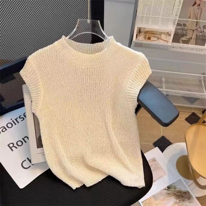 Áo thun mỏng dệt kim ngắn tay phong cách retro mùa hè mới dáng ôm rỗng áo ngắn đế trắng