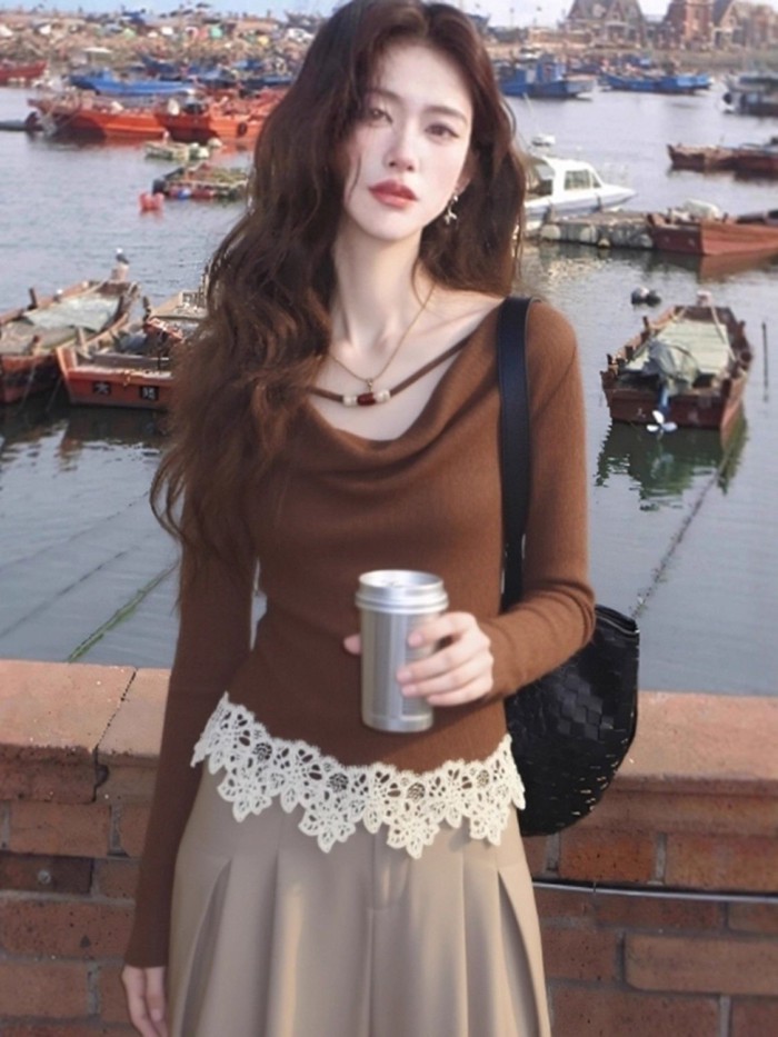 Hot Girl Ngọt Ngào Ren Ghép Viền Áo Dài Tay Nữ Theo Mùa Màu Cà Phê Cổ Xoay Đức Nhung Đáy Áo Sơ Mi H