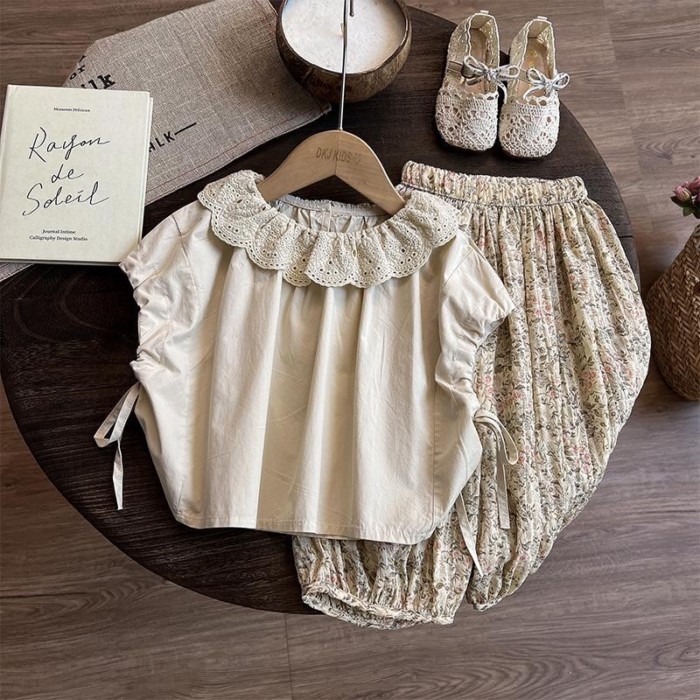 Bộ đồ hai mảnh bé gái mới, áo thun ngắn tay + quần dài hoa, bộ đồ Mori thời trang chống muỗi cho
