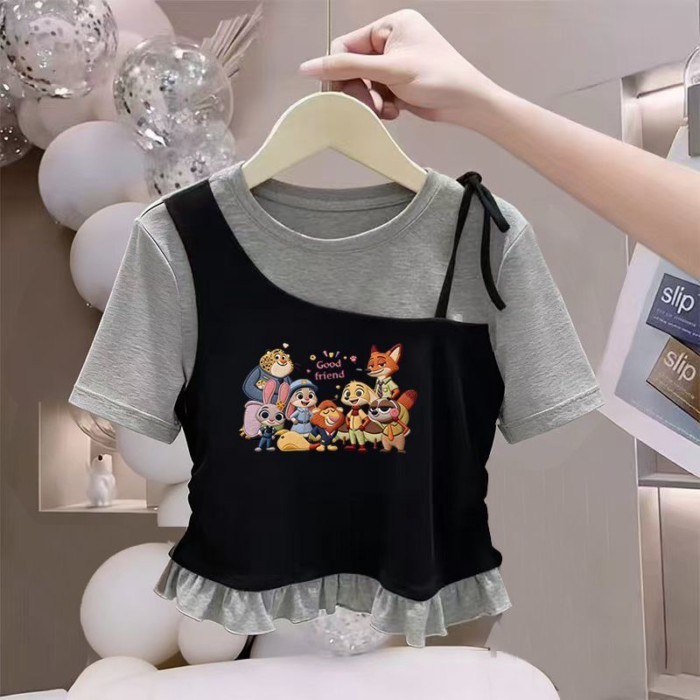 bé gái mới cổ tròn phong cách Hàn Quốc giả hai mảnh ngắn tay áo sơ mi đáy vừa và lớn mới cho trẻ
