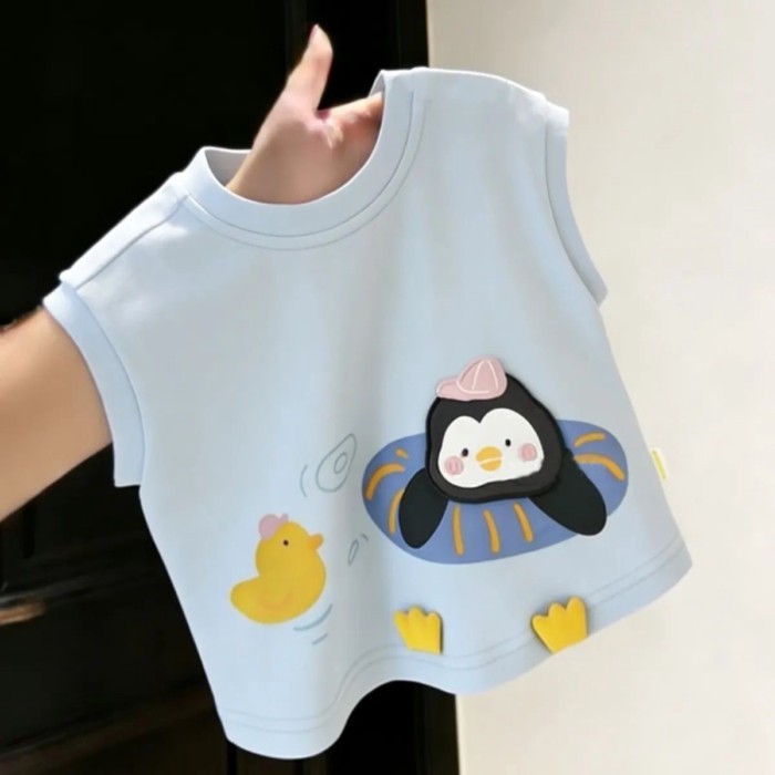 chiếc áo phông không tay hoạt hình ba chiều bằng cotton nguyên chất mùa hè mới dành cho trẻ em á