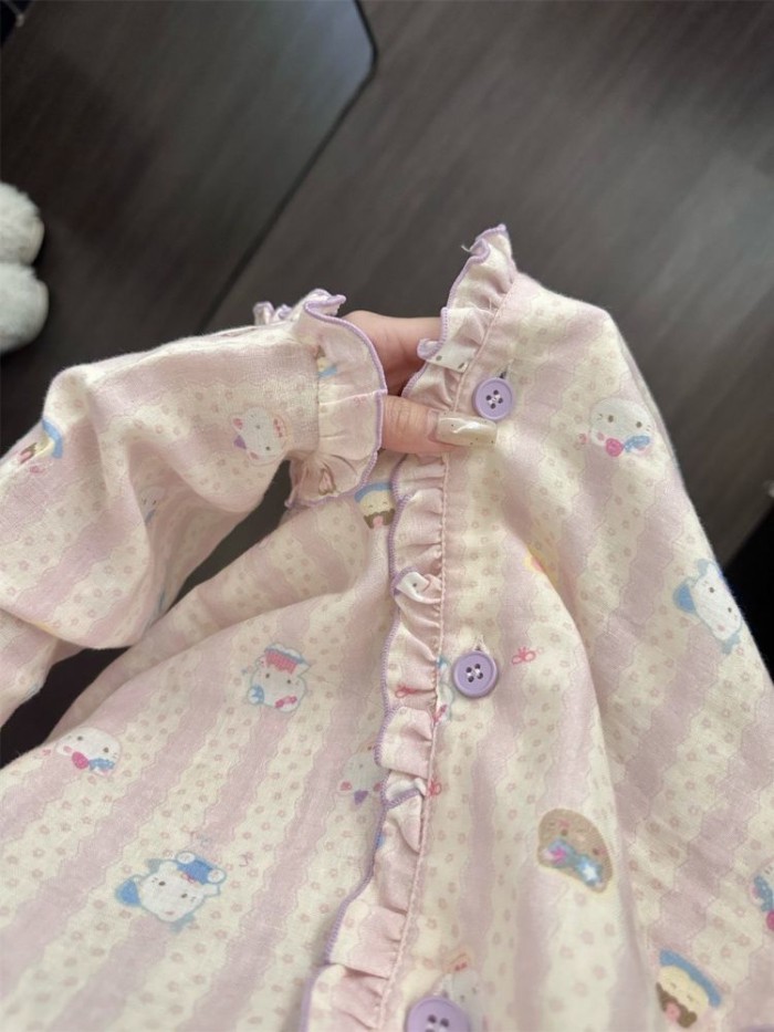 Phim hoạt hình Nhật Bản Bộ đồ ngủ mèo ren sọc cho bé gái, quần dài tay, quần áo ở nhà thoải m