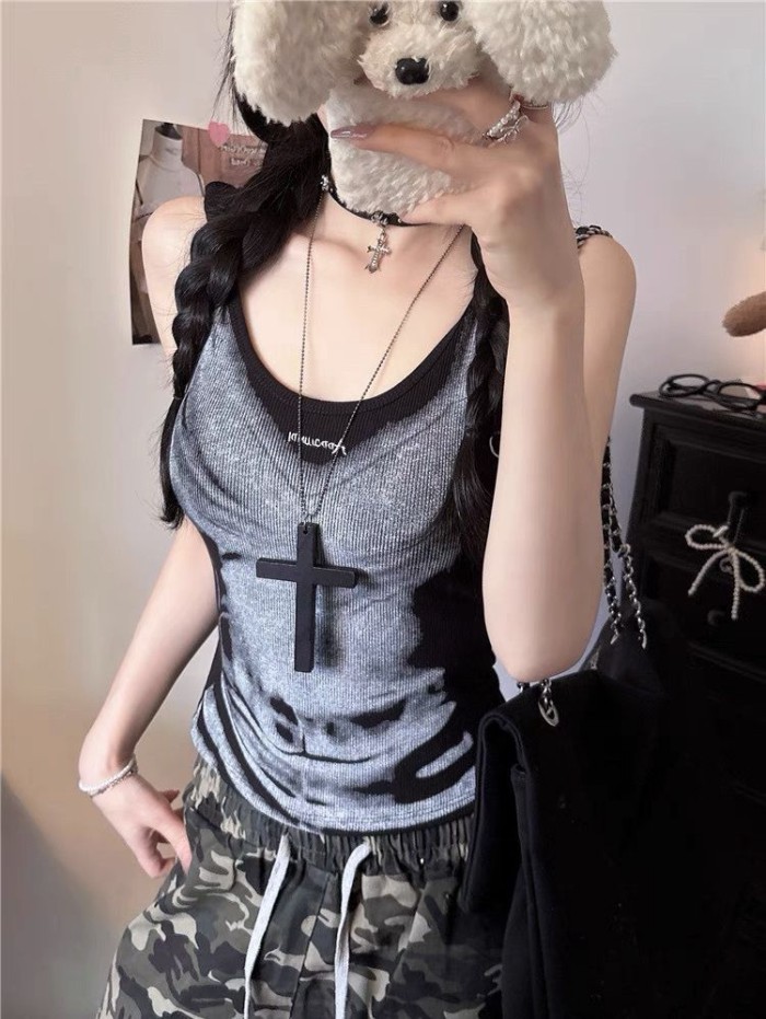 American Hot Girl Chic Camisole Women's New Summer Design Slim Personalized Printed Outer Shor