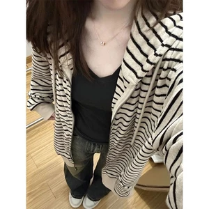 Áo khoác cardigan sọc phong cách Harajuku Hàn Quốc của phụ nữ có mũ trùm đầu thường ngày