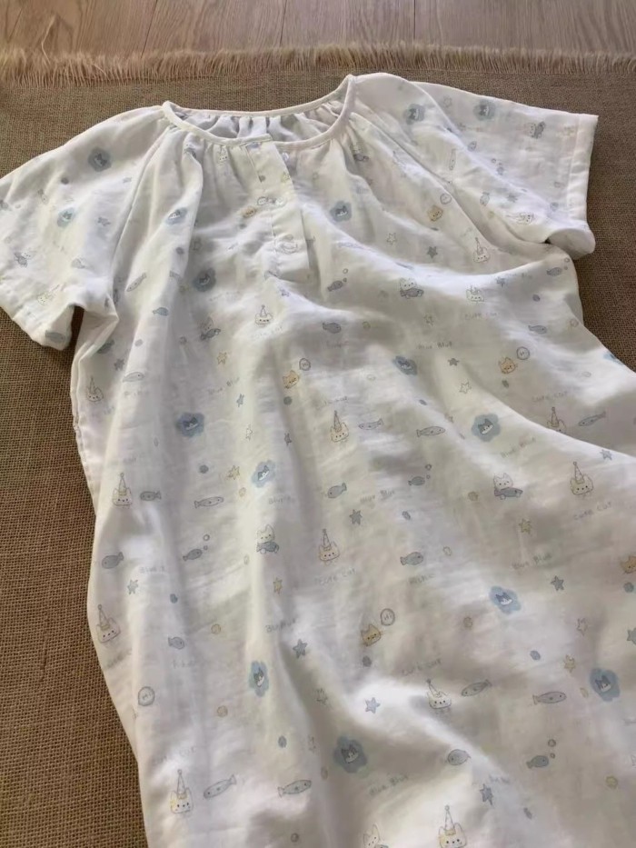 Cloud cotton gạc bộ đồ ngủ bong bóng cá nhỏ dễ thương dành cho nữ mùa hè mỏng tay ngắn dài vừ